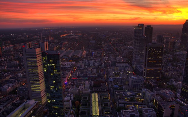 Sunset over the skyline in Frankfurt - Looking down on the trainstation