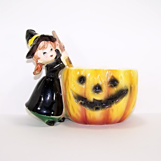 Vintage Relpo Halloween Witch and Jack O' Lantern Candle Holder or Planter