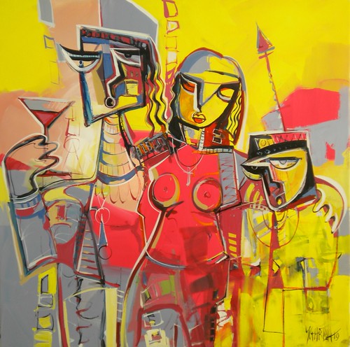 Three angular figures on yellow and red