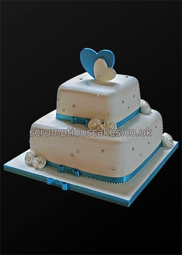 Wedding Cake (756) - Blue & White Hearts & Ribbon