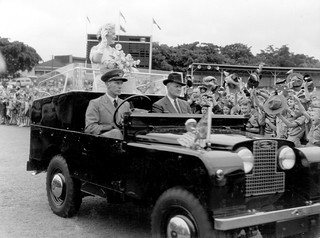 School children's welcome for Her Majesty Queen Elizabeth The Queen Mother, Brisbane Cricket Ground, February 1958