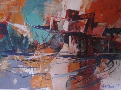 Sweeping curved building shapes beside red and blue water