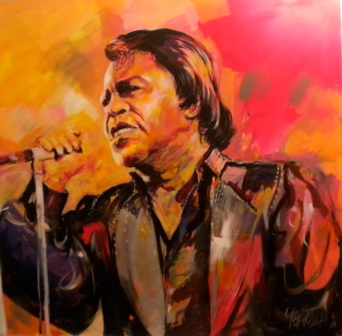 Singer and microphone on orange and yellow