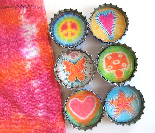 6 Tie Dye Peace Sign, Star, Heart, Butterfly, and Mushroom- Up-Cycled Bottle Cap Magnets with Hand Dyed Gift Pouch