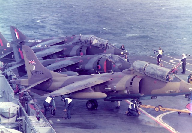 HMS Hermes (R12) Harrier Trials 1977, Harrier GR.1 XV281, Harrier T.4A XW175 from RAE Bedford, Harrier GR.3 XZ138 and G-VTOL Harrier Mk.52 two-seater V/STOL company demonstrator.