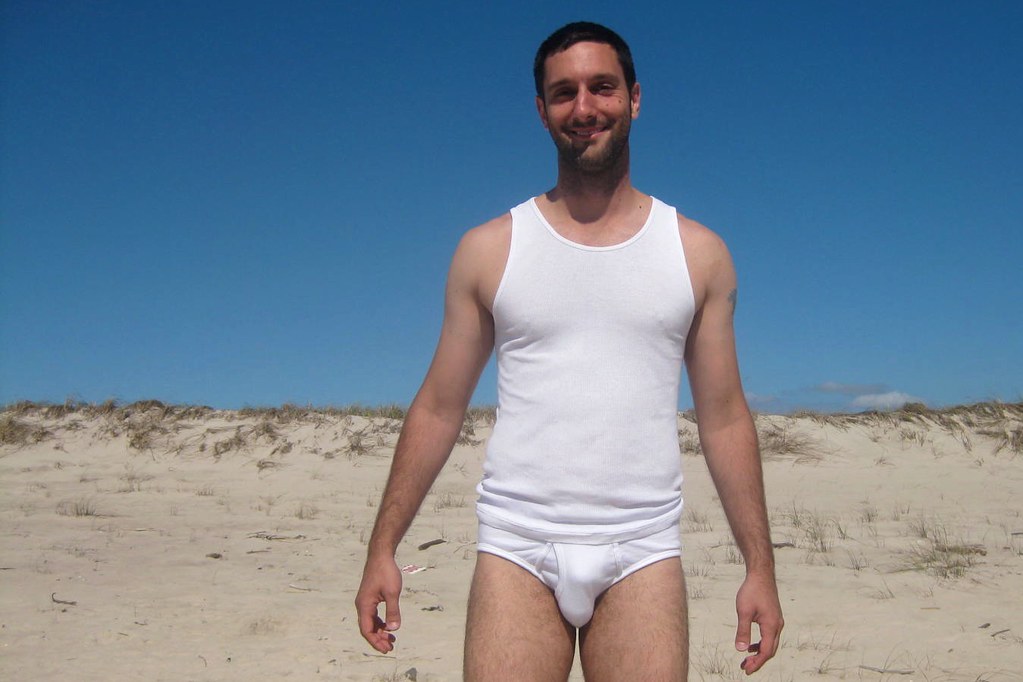 Soaking Up the Sun, Sean on the beach in his underwear. Fir…