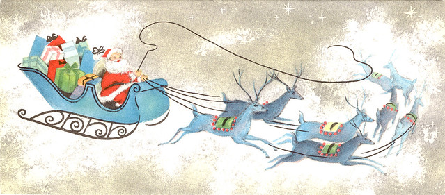 Santa Driving Blue Sleigh & Deer