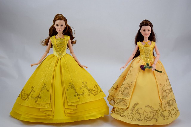 Disney Store DFC Belle vs Hasbro Enchanted Ball Gown Belle - Live Action Beauty and the Beast - Deboxed - Standing Side by Side - Full Front View