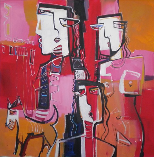 Three pale faces with pink and orange blocks