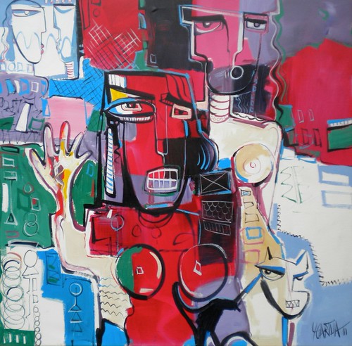 Large red face amid blue and pink figures