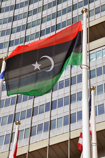 Flag of Libya's National Transitional Council  flying at the UN in Vienna