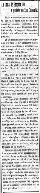 Noticia del grafito de Bécquer en Toledo publicada en el Diario Toledano el 26 de febrero de 1915
