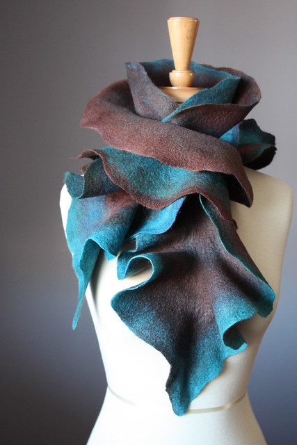 Felted wool scarf Teal / Green Brown