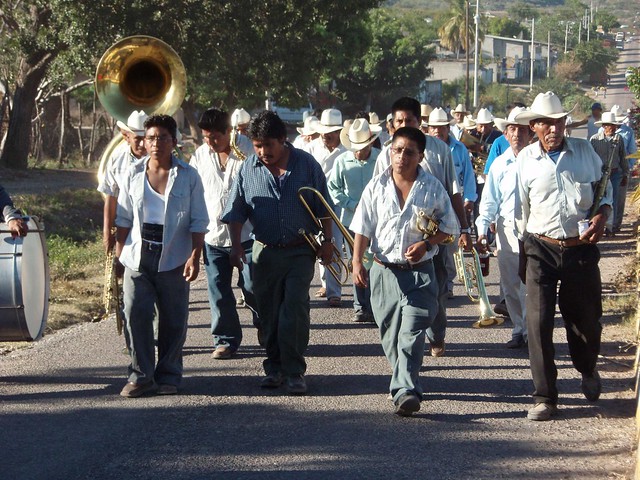 Procesión Guadalupana de hombres un poco tomaditos - male (and rather tipsy) procession for the Virgin of Guadalupe; Santa Cruz Tacache de Mina, Oaxaca, Mexico