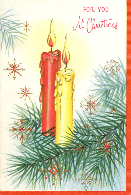 Red & Yellow Candles on Tree with Snowflakes & Edging