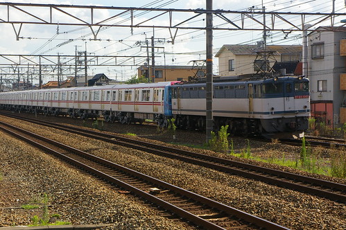 JR freight EF65series(1000s, 6th ver) pulling Toei 12-600series at Mukomachi.stn, Muko, Kyoto, Japan /Aug 26,2011