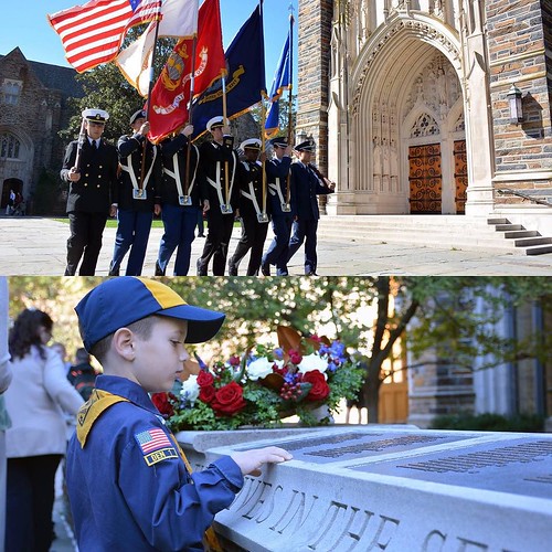 About 100 members of the Duke community and local veterans gathered today to take part in Duke's annual commemoration service for #VeteransDay. Retired Brig. Gen. Stephen R. Smith, told the crowd, “Appreciate those who wear the uniform of the Army, Navy,