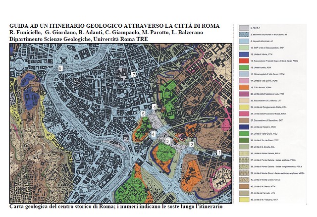 Roma - Carta Geologica del Comune / GUIDA AD UN ITINERARIO GEOLOGICO ATTRAVERSO LA CITTÀ DI ROMA. R. Funiciello, G. Giordano, B. Adanti, C. Giampaolo, M. Parotto, L. Balzerano; Dipartimento Scienze Geologiche, Università Roma TRE (2006), PDF pp. 1-16.