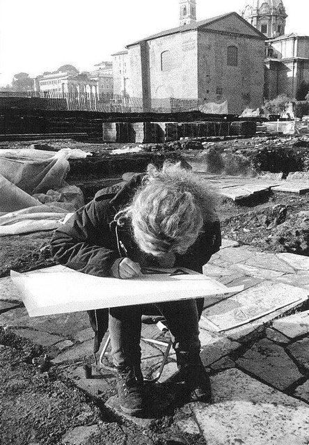 Rome, the Imperial Fora, the Temple of Peace (1998-99): An Italian archaeologist meticulously records the surface area of medieval pavement stones. Foto in:  Claudia Moatti, ‘I tempi di Roma,’ Bergamo, (May 2000).