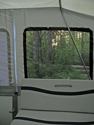 Lookin' Out my Window by Chuck Haacker, A last view of Whitefish Lake Camp from Rose's Grand Saloon. I'm sittin' here sippin' coffee, typin'
