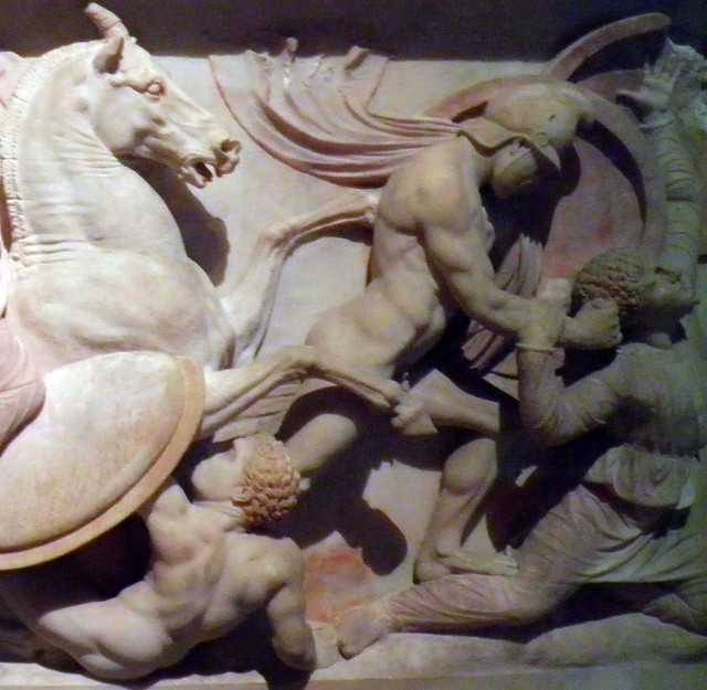 Alexander Sarcophagus, Short Side A, a fallen Greek and onother one killing a Persian, Istanbul Archaeology Museum