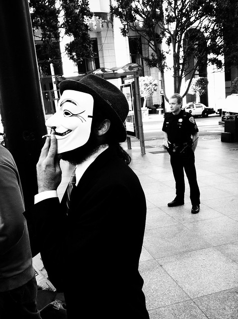Anonymous smoking in black and white Occupy SF Sept 17 2011