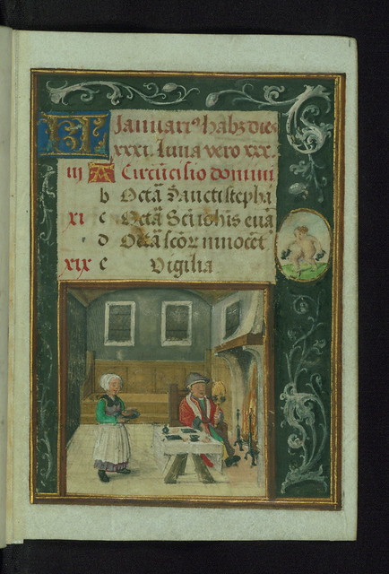 Prayer Book (fragment), Interior eating scene with marginalia Aquarius, Walters Manuscript W.425, fol. 1r