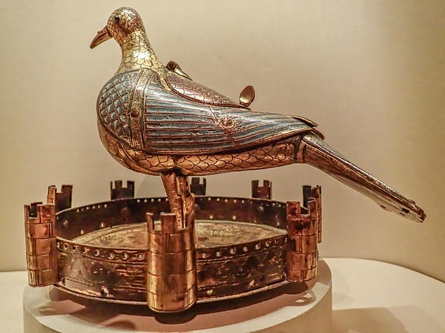 Medieval pyx (container for consecrated bread of the Eucharist) in the form of a dove French 1220-1230 CE gilded copper with enamel