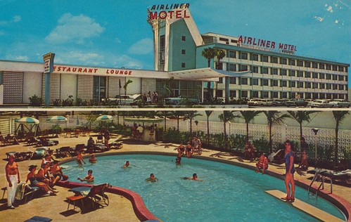 vintage florida miami postcard entrance motel airliner divingboard poolview dualview roofsign