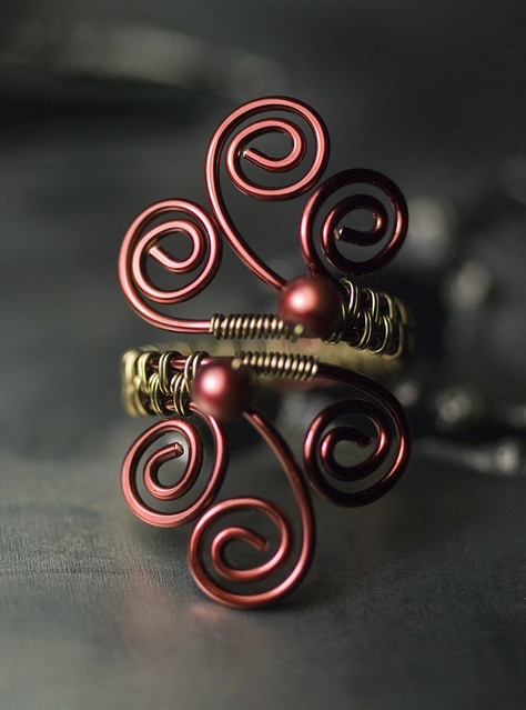 Bronze and Olive Copper Wirework Ring with Cranberry Freshwater Pearls by Moss & Mist Jewelry