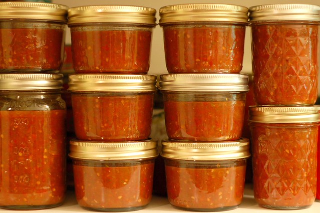 Heirloom Tomato Salsa Lines The Shelf by Eve Fox, Garden of Eating blog, copyright 2011