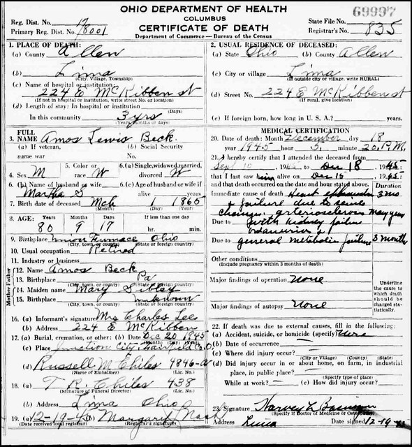 BECK, Amos: Death Certificate