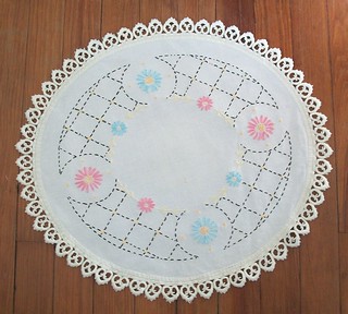 Vintage Embroidered Oval Doily in White with Pink and Blue Flowers | by Acadian Crochet