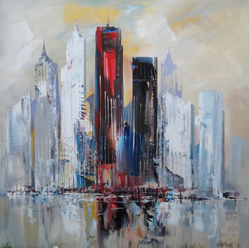 Red and black towers with pale waterfront reflections