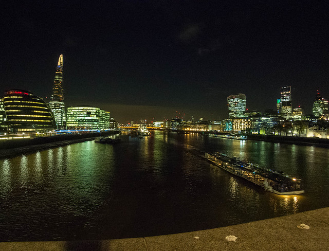 London skyline, River Thames, night, fisheye (9mm Olympus F/8 Lens Cap)