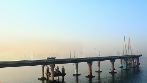 bridge blue sky orange sun india yellow skyline sunrise dawn metro landsend rise mumbai bandra worli sealink prabhadevi rajivgandhisealink
