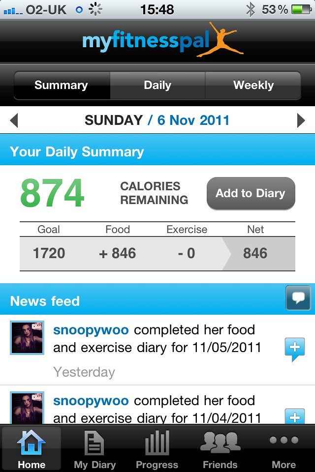 My Fitness Pal Home Screen