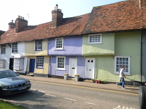Pastel pargeted cottages Saffron Walden Great Chesterford to Newport