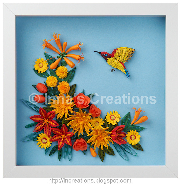 Sunbird and flowers, paper quilling