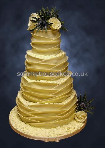 Wedding Cake (798) - White Chocolate Wrap with Fresh Roses & Thistles