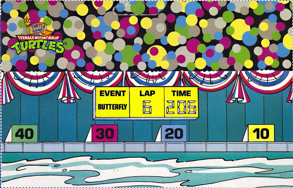 "TURTLE GAMES" TEENAGE MUTANT NINJA TURTLES :: SUPER-SWIMMIN' RAPH .. card backer iii  // Pool & Grandstand - isolated (( 1992 )) by tOkKa