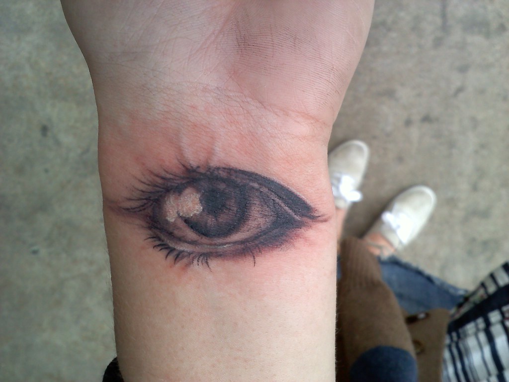 Minimalistic style evil eye tattoo done on the wrist