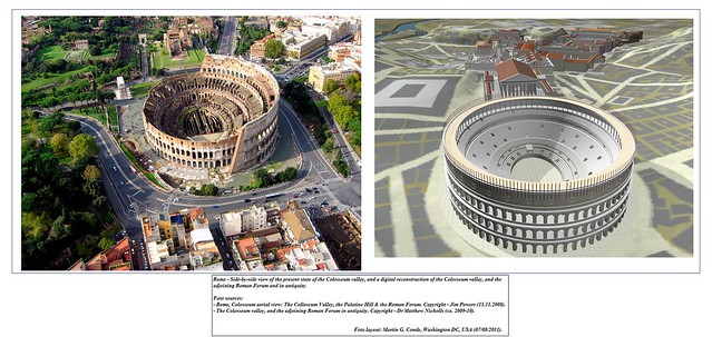 Rome - Side-by-side view of the present state of the Colosseum valley and a digital reconstruction of the Colosseum valley, and the adjoining Roman Forum in antiquity.