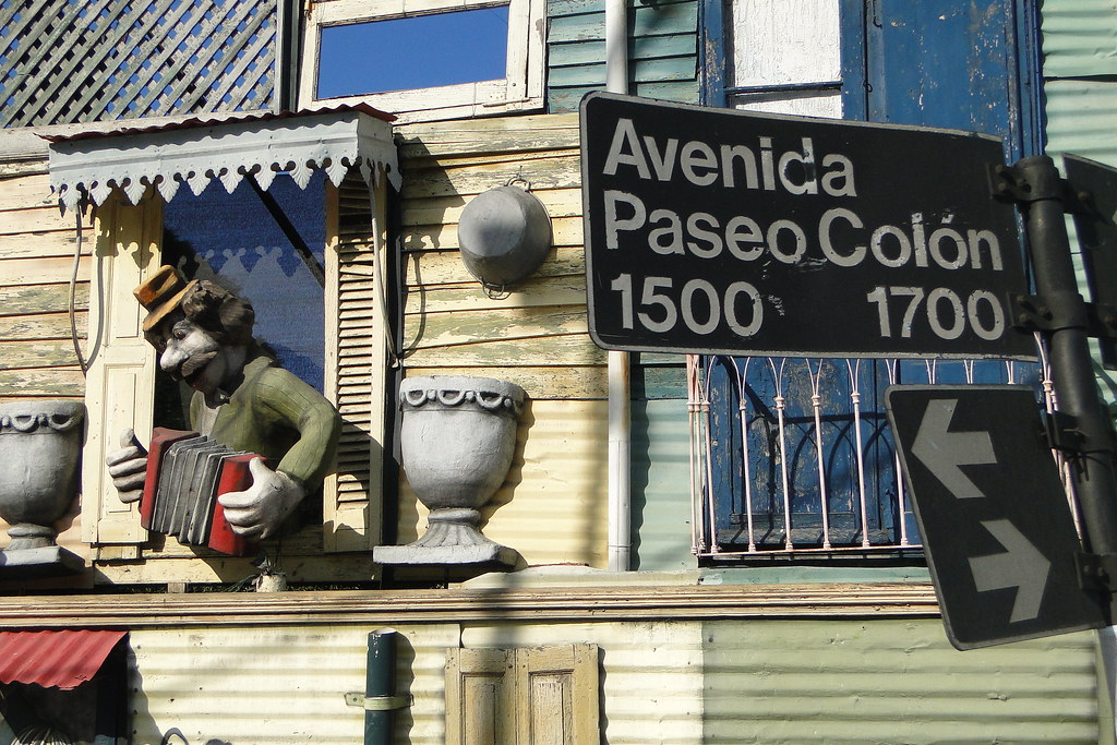 Facade and Street Sign with Sculpture - La Boca - Buenos Aires - Argentina