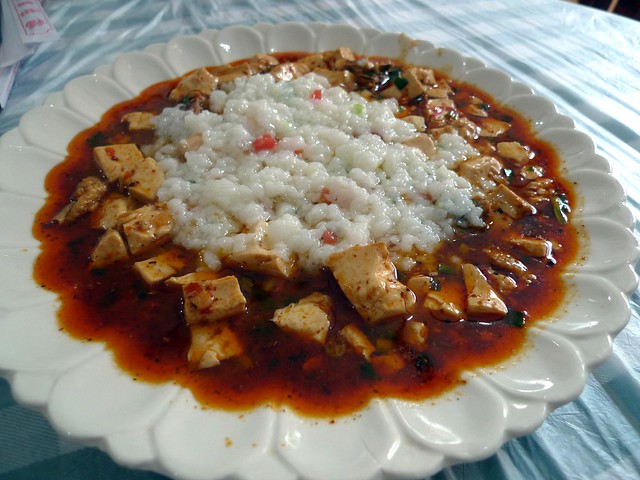 Spicy tofu with some kind of rice and chicken