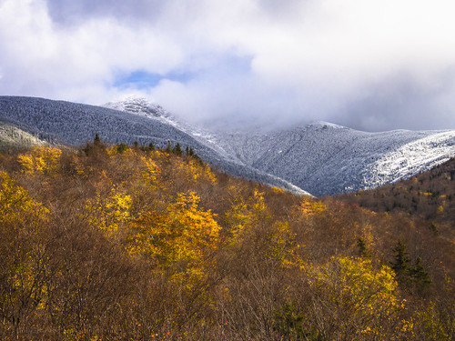 autumn trees winter snow fall leaves clouds forest landscape newengland newhampshire whitemountains nh foliage franconianotch omd grafton whitemountainsnationalforest mountlafayette franconiarange 1250mmf3563mzuiko