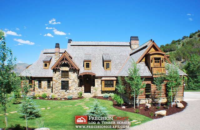 Front Elevation of this Hybrid Log & Timber Home Located in Idaho