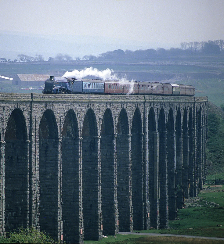 Emphasising the height of the structure, 4498 'Sir Nigel Gresley' coasts across Ribblehead Viaduct with a Hellifield to Carlisle CME. 28th May 1988.