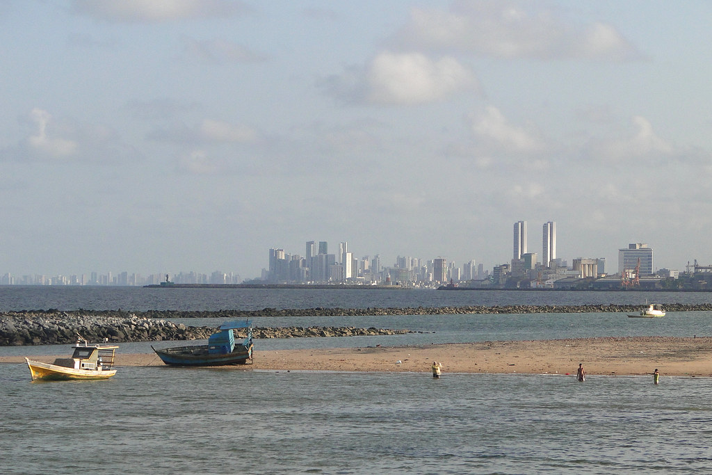 Seafront View with Fishing Boats and Recife Skyline - Olinda - Brazil