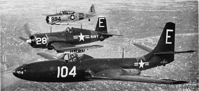 McDonnell FH-1 Phantom, a Vought F4U-1 Corsair, and a North American SNJ Texan in 1951